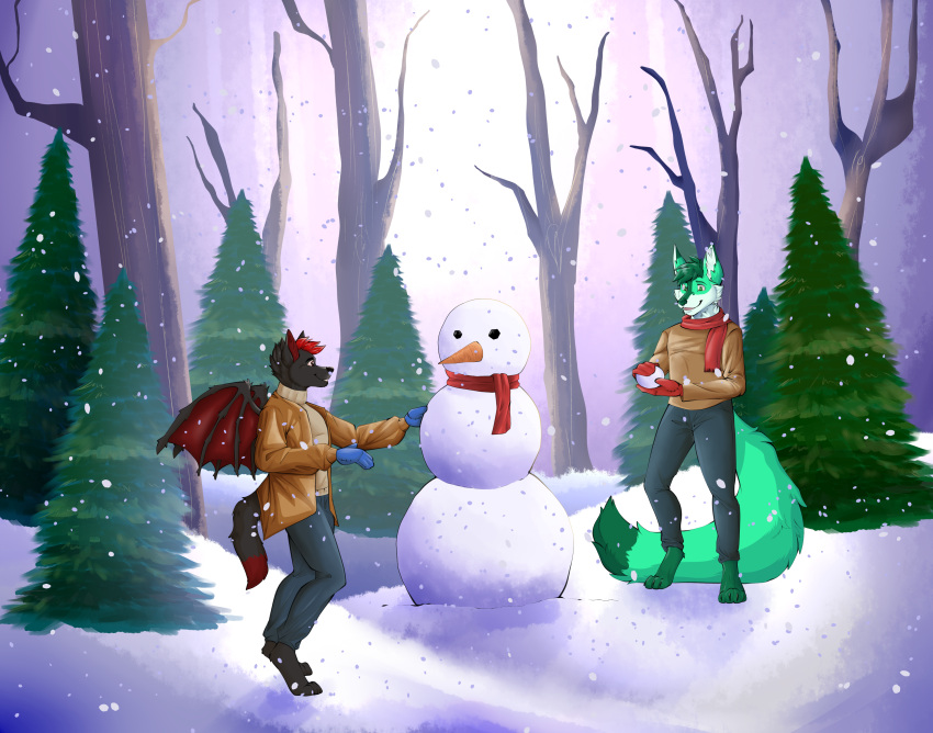 absurd_res anthro canid canine clothing duo forest fox guepardoxart hi_res hybrid male male/male mammal plant scarf smile snow snowball snowing snowman sweater topwear tree