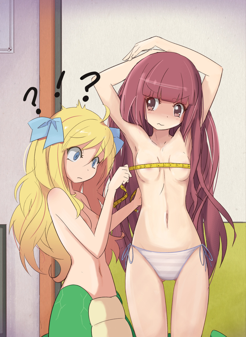 !? 2girls ahoge armpits arms_up blonde_hair blue_eyes blue_ribbon breasts brown_eyes bust_measuring door empty_eyes hair_down hair_ribbon hanazono_yurine highres indoors jashin-chan jashin-chan_dropkick lamia long_hair looking_at_another measuring minos_drawfag monster_girl multiple_girls navel nipples panties red_hair ribbon side-tie_panties small_breasts snake_tail standing striped striped_panties tail tape_measure topless underwear wall white_panties