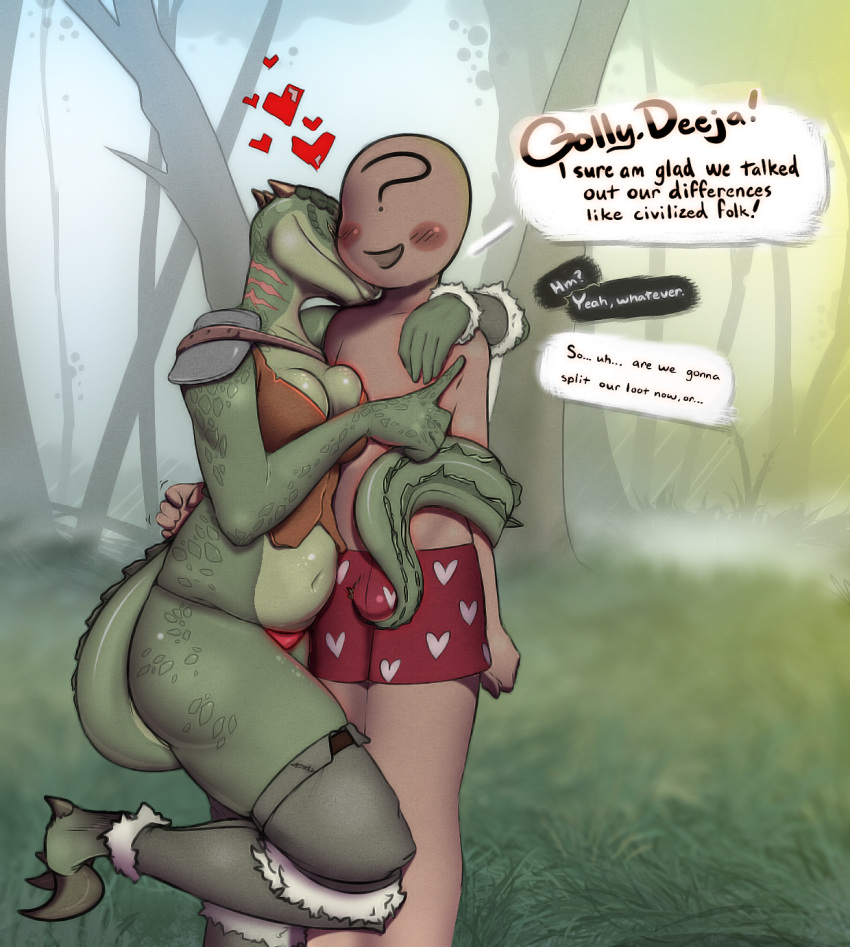 &lt;3 ?_face anon anthro argonian armor bethesda_softworks bluedraggy blush breast_squish breasts bulge claws clothed clothing cokesero deeja dialogue duo erection erection_under_clothing female forest hi_res horn human male male/female mammal navel outside plant public scalie scar skindentation skyrim slightly_chubby squish tail_fetish tail_play text the_elder_scrolls thong topwear tree underwear vest video_games