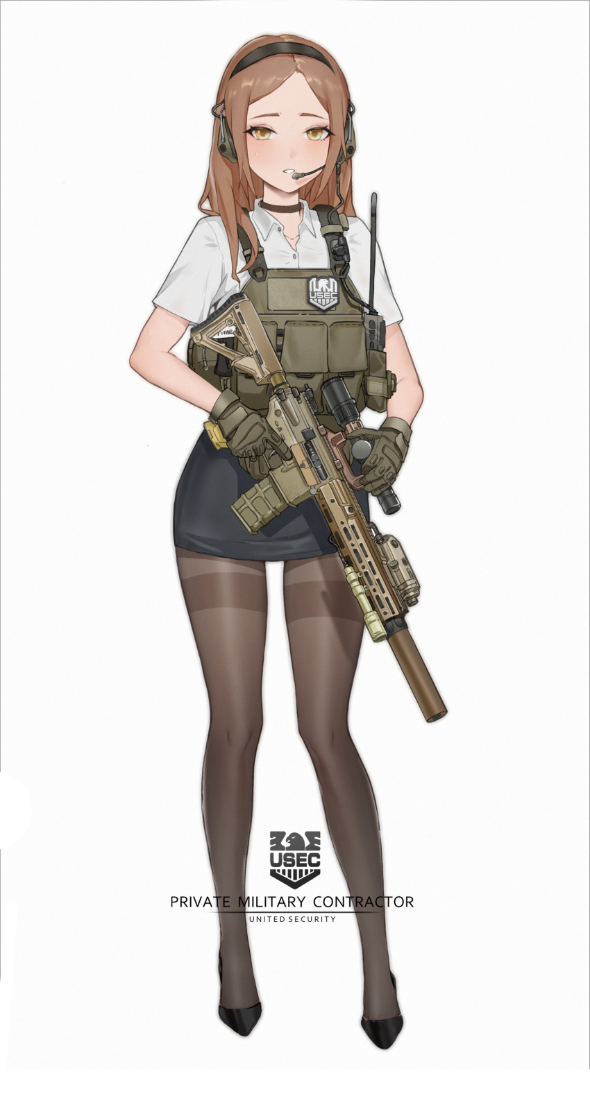 1girl absurdres ammunition_pouch assault_rifle black_hairband black_pantyhose black_skirt brown_choker brown_footwear brown_gloves brown_hair brown_vest bulletproof_vest choker collarbone collared_shirt emblem english_text full_body gloves gun hairband headphones highres holding holding_gun holding_weapon legs light_brown_hair load_bearing_vest logo m4_carbine microphone military_operator no_bangs optical_sight original pantyhose parted_lips patch pencil_skirt plate_carrier pouch rifle shirt short_sleeves simple_background skirt solo somnuss standing straight-on suppressor trigger_discipline vest walkie-talkie weapon white_background white_shirt yellow_eyes