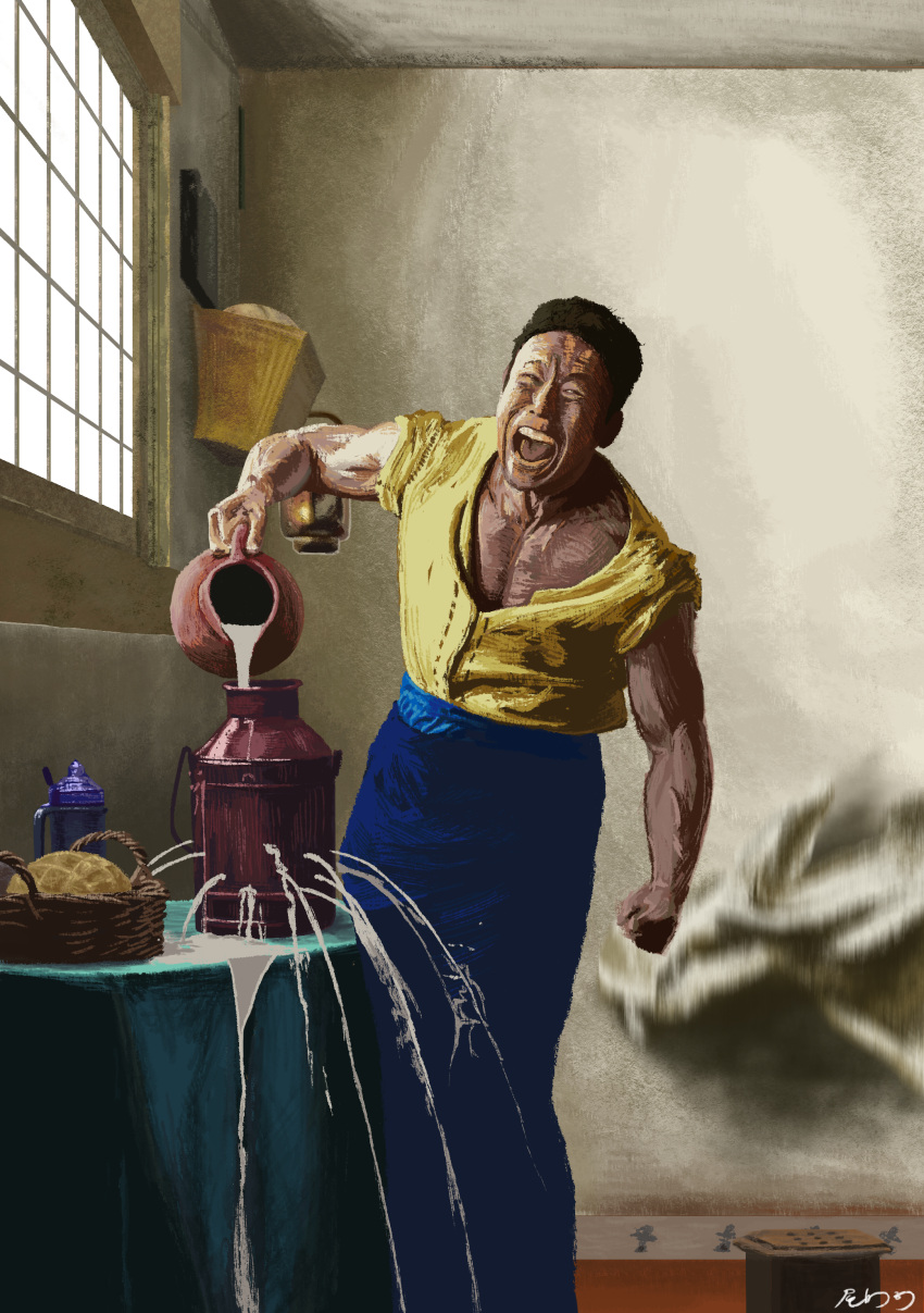 1boy absurdres basket black_hair blue_skirt bread clenched_hand commentary_request fine_art_parody food highres holding indoors jug kitchen long_skirt male_focus milk muscular muscular_male music_hour nakayama_kinni-kun open_mouth parody pouring real_life shirt short_hair shouting skirt solo table tablecloth the_milkmaid very_short_hair window yellow_shirt