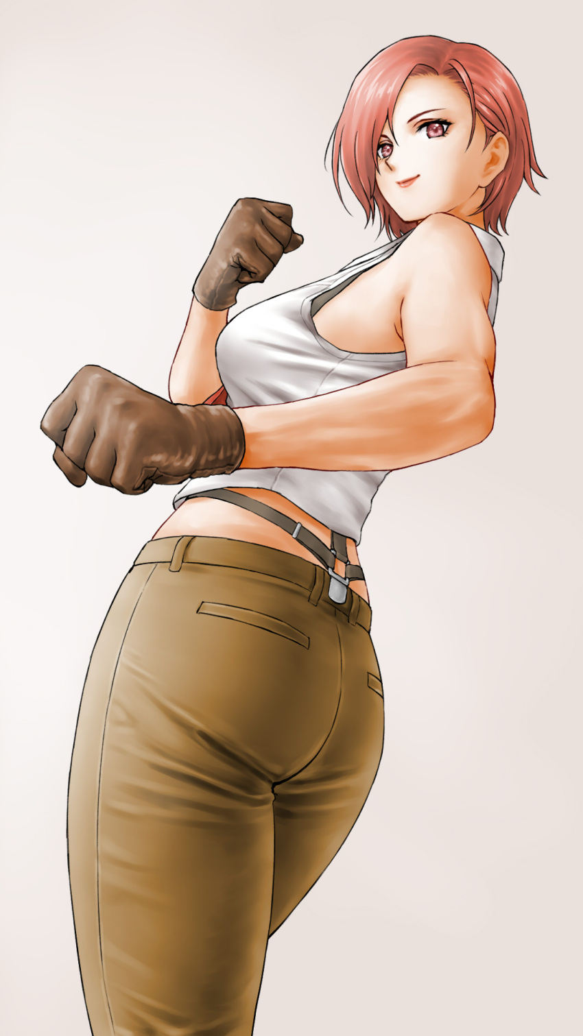 1girl ass bangs bare_shoulders black_bra bra breasts brown_gloves brown_pants clenched_hands collared_shirt cowboy_shot crop_top fighting_stance from_behind gloves hair_over_one_eye highres looking_at_viewer looking_back medium_breasts midriff necktie pants parted_bangs red_eyes red_hair red_necktie shirt short_hair sleeveless sleeveless_shirt smile solo suspenders the_king_of_fighters toned underwear vanessa_(kof) white_shirt x_chitch