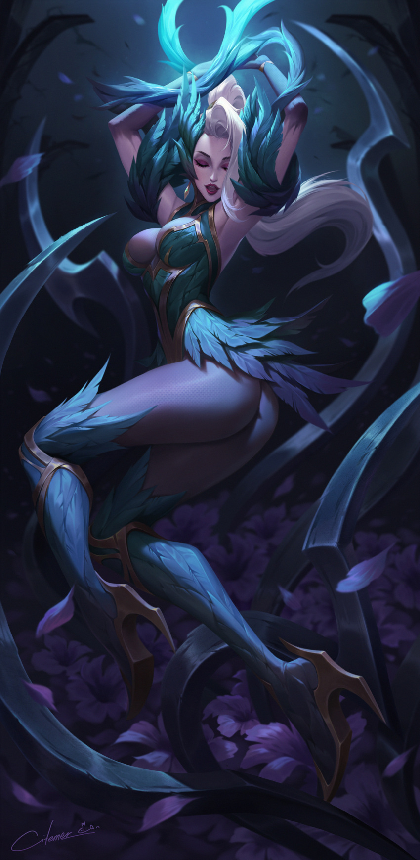 1girl absurdres arms_up ass blonde_hair blue_thighhighs breasts citemer cleavage_cutout closed_eyes clothing_cutout coven_zyra eyelashes eyeshadow feather_trim feathers green_leotard high_heels highres league_of_legends leotard makeup open_mouth ponytail red_eyeshadow red_lips solo thighhighs zyra
