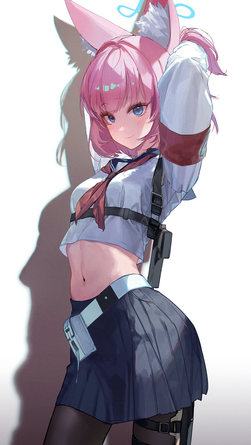 1girl absurdres animal_ear_fluff animal_ears armband arms_behind_head arms_up belt belt_pouch blue_archive breasts crop_top fox_ears ggoc_ill halo highres holster holstered_weapon long_sleeves midriff navel niko_(blue_archive) pantyhose pink_hair pleated_skirt pouch school_uniform serafuku short_hair shoulder_holster skirt small_breasts standing thigh_strap throat_microphone white_background white_belt white_serafuku