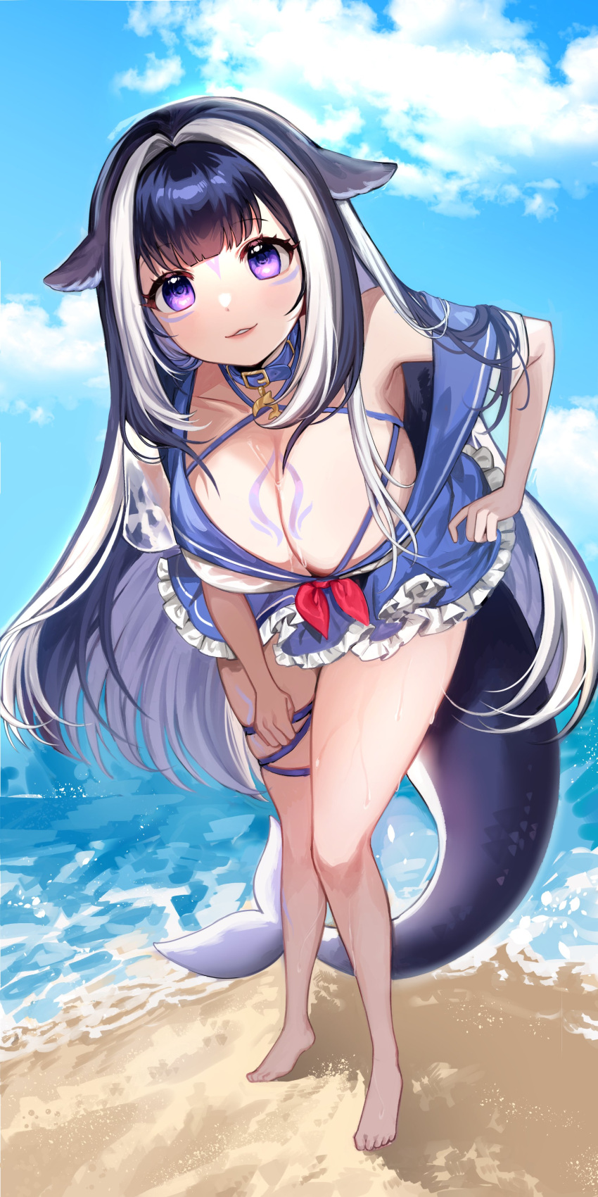 1girl absurdres animal_ears belt_collar bent_over bikini bikini_under_clothes black_hair blue_collar blue_skirt blue_sky body_markings breasts cetacean_tail cleavage cloud collar fish_tail highres indie_virtual_youtuber large_breasts long_hair looking_at_viewer multicolored_hair orca_girl purple_eyes ririvirtual sand see-through see-through_shirt shirt shylily skirt sky streaked_hair swimsuit tail thigh_strap water white_hair white_shirt