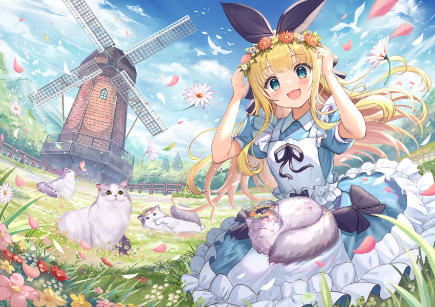 1girl akabane_(zebrasmise) apron bangs bird blonde_hair blush bow cat cloud cloudy_sky commentary_request day dress falling_petals flower frilled_dress frills grass green_eyes hair_flower hair_ornament long_hair looking_at_viewer mononobe_alice mountain nijisanji open_mouth outdoors petals pink_flower red_flower scenery sky virtual_youtuber white_apron white_flower windmill yellow_flower