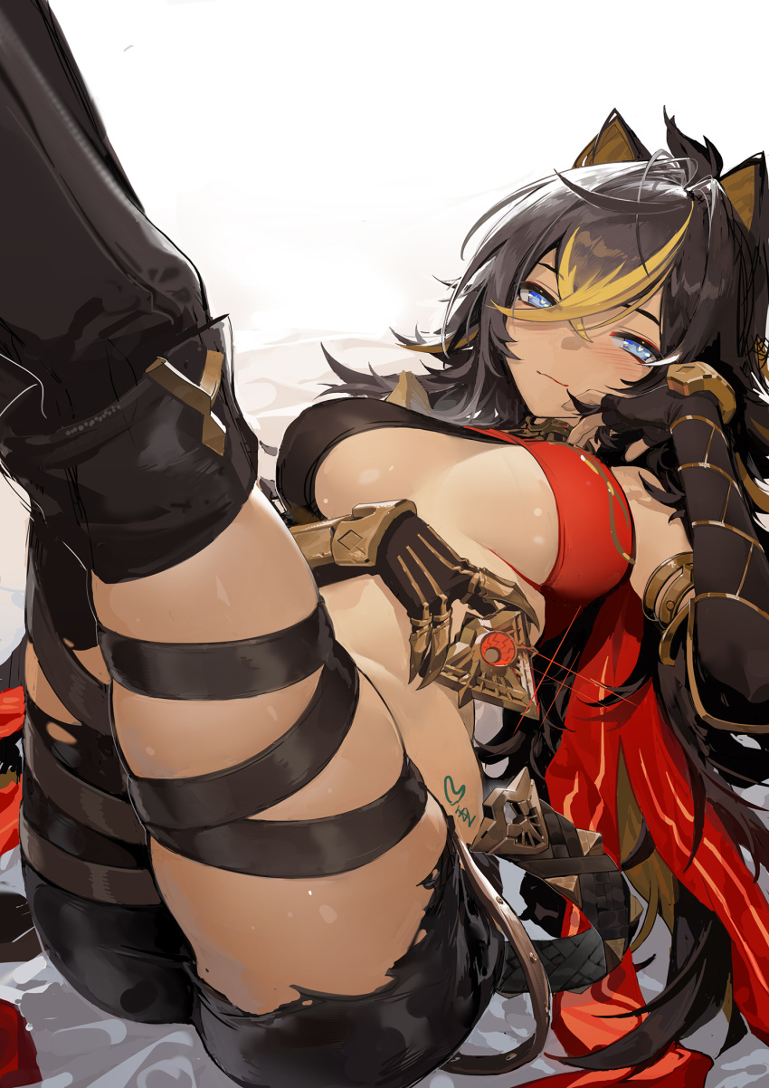 1girl animal_ears armlet bangs black_gloves black_hair black_pants blonde_hair blue_eyes breasts breasts_apart cape claw_ring closed_mouth crop_top crossed_bangs dehya_(genshin_impact) fingerless_gloves genshin_impact gloves hair_between_eyes han-0v0 highres holding legs_up long_hair looking_at_viewer medium_breasts multicolored_hair pants red_cape skindentation solo thigh_strap thighs torn_clothes torn_pants two-tone_hair