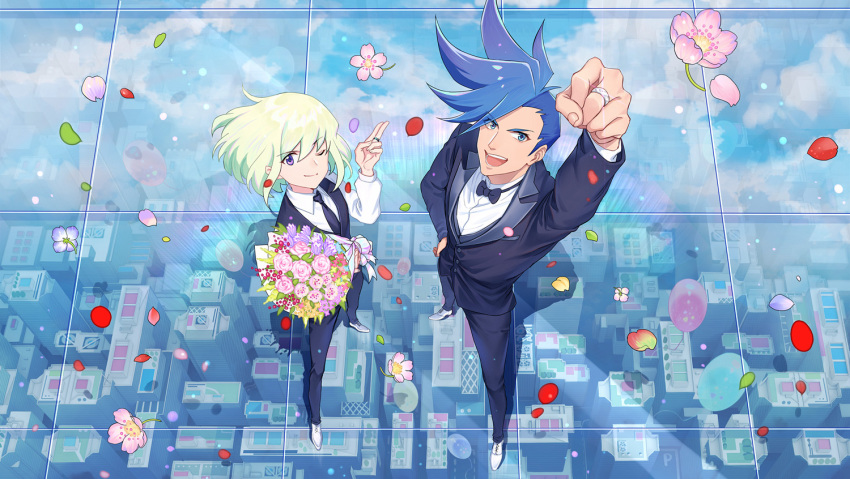 2boys asymmetrical_hair black_bow black_bowtie black_jacket black_pants black_suit blue_eyes bob_cut bouquet bow bowtie clenched_hand collared_shirt dress_shoes falling_petals fist_pump formal from_above full_body galo_thymos green_hair hair_between_eyes hand_on_hip holding holding_bouquet husband_and_husband jacket jewelry lalatia-meai lio_fotia long_sleeves looking_at_viewer male_focus multiple_boys one_eye_closed open_mouth pants petals promare purple_eyes ring shirt smile spiked_hair suit suit_jacket waistcoat wedding_ring white_footwear white_shirt yaoi