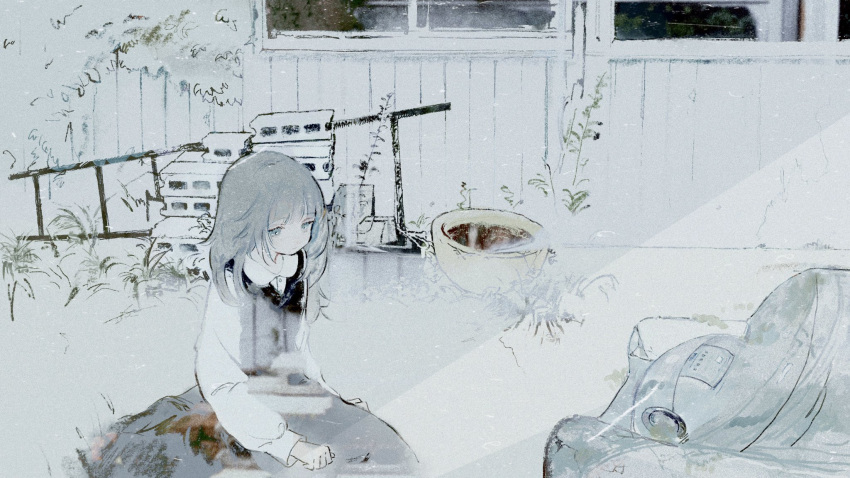 1girl black_dress brick bush collared_shirt commentary dress english_commentary expressionless grey_eyes grey_hair highres ladder long_hair long_sleeves monochrome original outdoors plant potted_plant shirt sitting sketch solo spot_color white_shirt window yorunogumo
