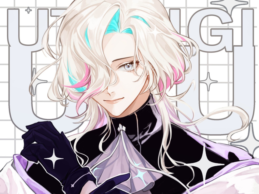 1boy aqua_hair black_shirt colored_inner_hair crescent_(cgcrescent) cropped_jacket hair_over_one_eye highres holostars jacket multicolored_hair pink_hair shirt short_hair solo streaked_hair utsugi_uyu virtual_youtuber white_hair white_jacket white_shirt