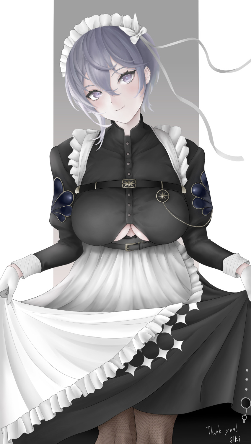 1girl absurdres apron azur_lane bangs bellona_(armed_to_clean)_(azur_lane) bellona_(azur_lane) black_dress blush breasts chest_belt closed_mouth clothing_cutout commentary cowboy_shot curtsey dress fishnet_pantyhose fishnets gloves grey_eyes grey_hair hair_between_eyes head_tilt highres juliet_sleeves large_breasts long_sleeves looking_at_viewer maid maid_apron maid_headdress official_alternate_costume pantyhose puffy_sleeves short_hair sidelocks signature siki_(ppme4782) smile solo standing underboob underboob_cutout white_background white_gloves