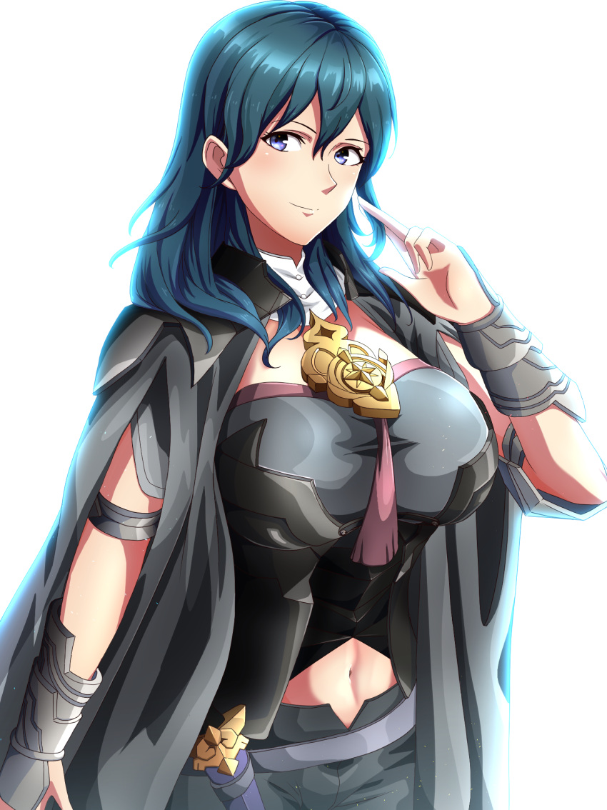 1girl armor bangs black_armor black_coat black_shorts blue_eyes blue_hair breasts bustier byleth_(fire_emblem) byleth_(fire_emblem)_(female) closed_mouth clothing_cutout coat commentary cowboy_shot crop_top dagger fire_emblem fire_emblem:_three_houses hair_between_eyes hand_up highres index_finger_raised knife large_breasts long_hair looking_at_viewer medium_hair navel navel_cutout sheath sheathed shirt short_shorts shorts sidelocks simple_background smile solo standing taut_clothes taut_shirt to_(tototo_tk) vambraces weapon white_background