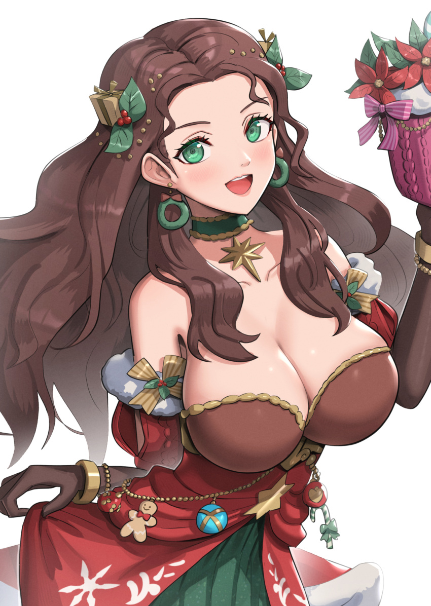 1girl bare_shoulders breasts brown_hair candy candy_cane christmas christmas_wreath_earrings cleavage collarbone dorothea_arnault dress earrings fire_emblem fire_emblem:_three_houses fire_emblem_heroes food gift gingerbread_man gonzarez green_dress green_eyes hair_ornament highres holly_hair_ornament jewelry large_breasts looking_at_viewer official_alternate_costume open_mouth red_dress simple_background smile solo teeth upper_teeth_only white_background