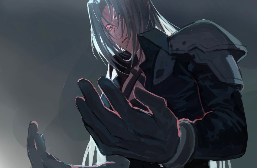 1boy armor bangs black_gloves black_jacket chest_strap final_fantasy final_fantasy_vii final_fantasy_vii_remake from_below gloves grey_background grey_hair high_collar highres jacket long_bangs long_hair long_sleeves looking_at_hands male_focus parted_bangs sephiroth shou_rou shoulder_armor solo upper_body