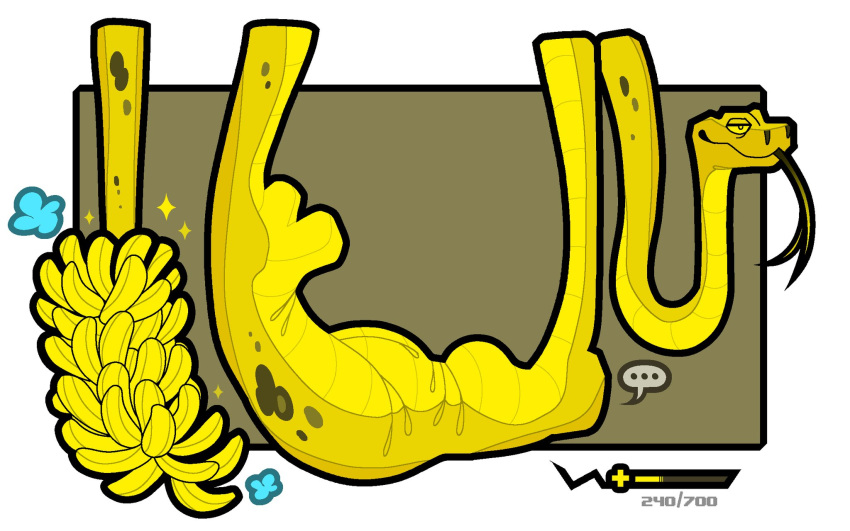 abdominal_bulge ambiguous_gender banana feral food forked_tongue fruit gameplay_mechanics gui health_bar hi_res hypnofood plant reptile scalie snake solo tongue