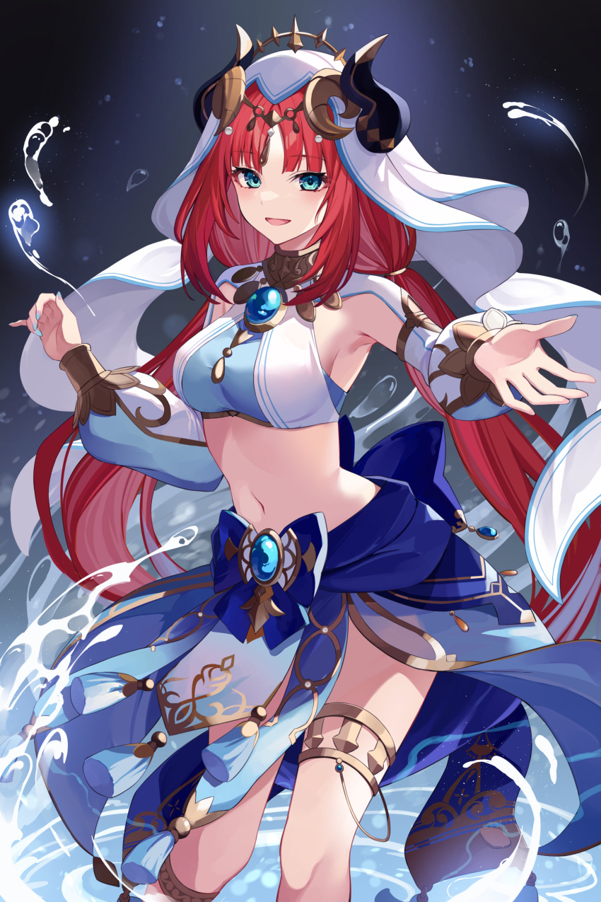 1girl absurdres armlet bangs blue_skirt blush bracer breasts brooch genshin_impact green_eyes hair_ornament harem_outfit highres horns jewelry large_breasts long_hair long_sleeves looking_at_viewer low_twintails neck_ring nilou_(genshin_impact) open_mouth puffy_long_sleeves puffy_sleeves red_hair sash sidelocks skirt smile solo takehana_note thighlet thighs twintails veil water