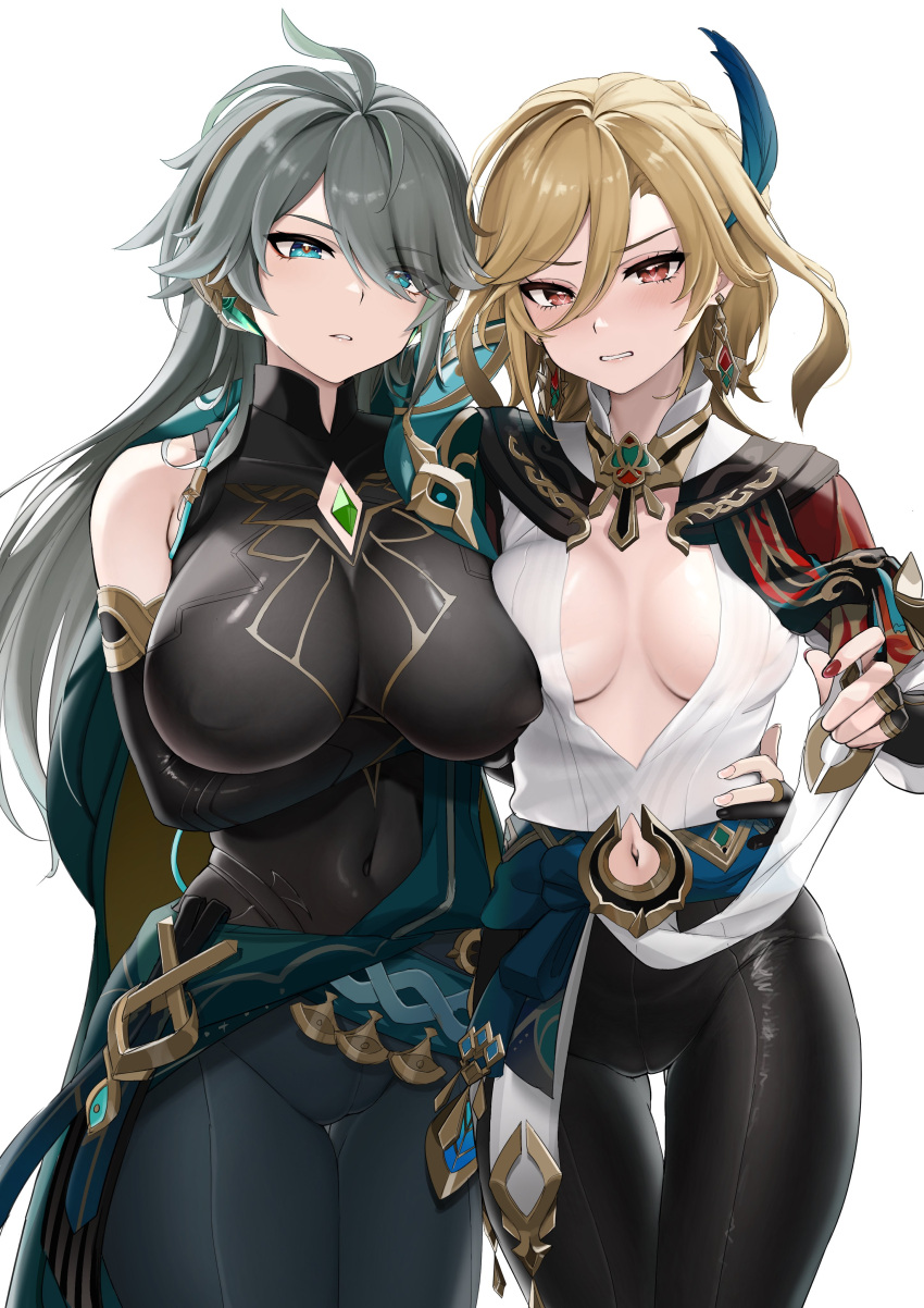 2girls absurdres alhaitham_(genshin_impact) arm_under_breasts bangs black_gloves black_pants blonde_hair blue_eyes blush breasts cape chest_jewel clothing_cutout covered_nipples detached_sleeves earrings feather_hair_ornament feathers genderswap genderswap_(mtf) genshin_impact gloves hair_between_eyes hair_ornament hand_on_another's_waist highres jewelry kaveh_(genshin_impact) large_breasts long_hair looking_at_viewer multicolored_hair multiple_girls nail_polish navel_cutout nipio pants parted_lips partially_fingerless_gloves red_eyes red_nails shoulder_cape simple_background very_long_hair white_background