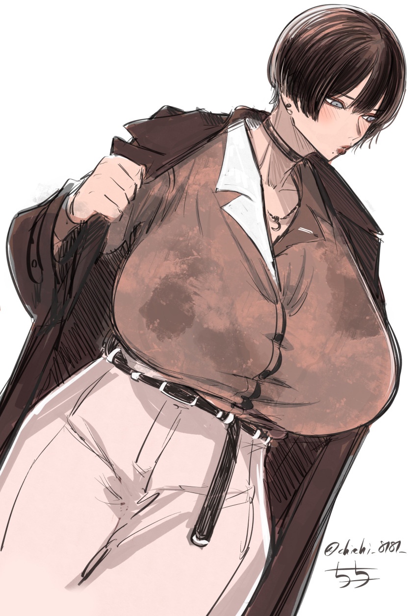 1girl absurdres belt blush bob_cut breasts brown_hair chichi8181 coat collar curvy highres huge_breasts jewelry lips lipstick makeup mature_female necklace office_lady original pants shiny shiny_hair shirt short_hair signature tight tight_shirt
