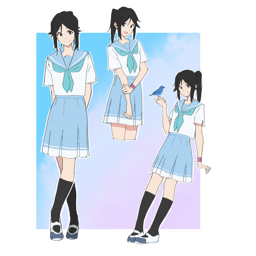 1girl absurdres arm_support bird black_hair black_socks blue_bird blue_eyes blue_neckerchief blue_sailor_collar blue_skirt blush closed_mouth hand_up hibike!_euphonium highres kasaki_nozomi kitauji_high_school_uniform kneehighs leaning liz_to_aoi_tori long_hair looking_at_viewer multiple_views neckerchief open_mouth pleated_skirt ponytail psylduck sailor_collar school_uniform serafuku shirt shoes short_sleeves skirt smile socks standing uniform uwabaki watch white_footwear white_shirt