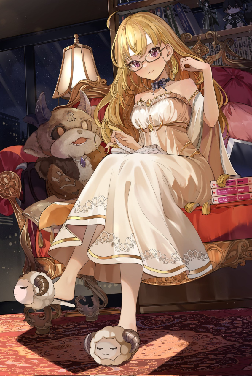 1girl :3 ahoge animal_slippers bangs bare_shoulders blonde_hair book book_on_lap book_stack bookshelf bow bowtie breasts city collarbone commentary_request couch debidebi_debiru dress eyewear_strap floor_lamp glass glasses grey-framed_eyewear hand_in_own_hair highres horns kirito lampshade long_hair looking_at_viewer medium_breasts nijisanji on_couch pillow purple_eyes red_carpet shawl sheep_horns shunka_tunacan sitting sky slippers solo star_(sky) starry_sky strapless strapless_dress stuffed_animal stuffed_toy swept_bangs sword_art_online tablet_pc takamiya_rion turning_page very_long_hair virtual_youtuber white_dress white_shawl