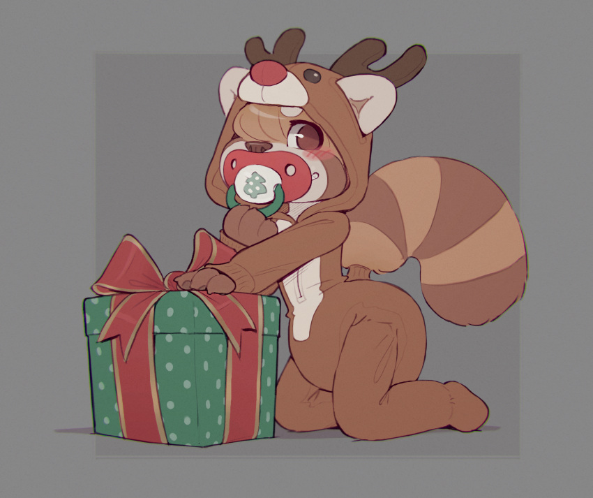 ailurid anthro blush brown_body brown_eyes brown_fur christmas christmas_present clothing diaper fur furgonomics grey_background hi_res holidays hoodie male mammal max_(skidoo) pacifier red_panda red_ribbon reindeer_costume simple_background skidoo solo solo_focus topwear white_body white_fur