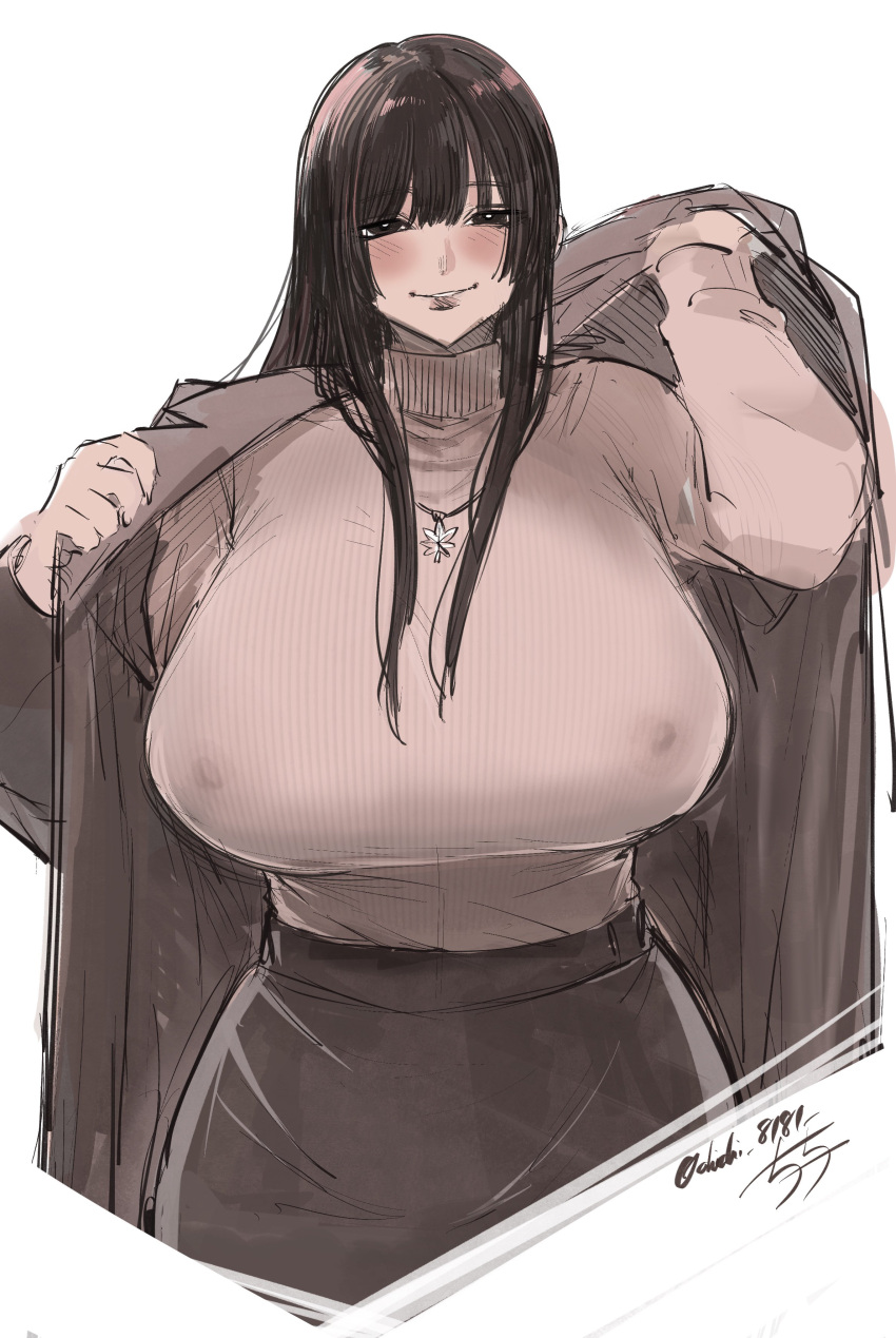 1girl absurdres blush breasts brown_hair chichi8181 coat covered_nipples curvy highres hime_cut huge_breasts jewelry necklace original shiny shiny_skin smile sweater tight turtleneck turtleneck_sweater undressing