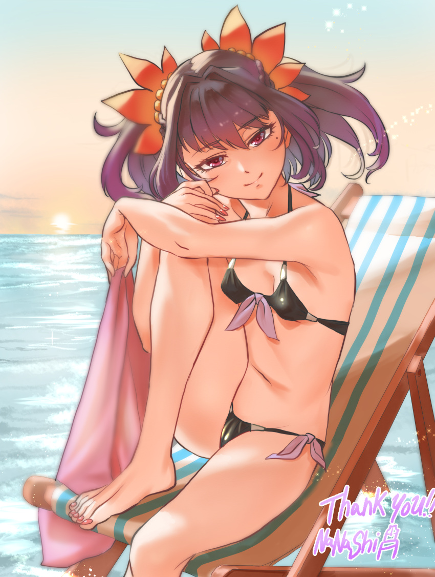 1girl absurdres artist_name barefoot beach beach_chair bikini black_bikini breasts chair commission fingernails flower hair_flower hair_ornament highres horizon hugging_own_legs kaze_fukeba_nanashi long_fingernails looking_at_viewer mole mole_under_eye nail_polish navel ocean pink_nails purple_eyes purple_hair saimon_(tales) side-tie_bikini_bottom skeb_commission small_breasts smile solo sun sunset swimsuit tales_of_(series) tales_of_zestiria thank_you toenail_polish toenails toes twintails