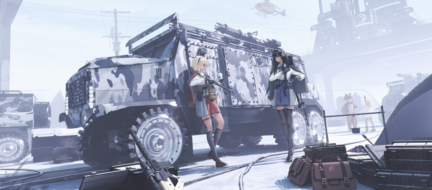 1other 3girls absurdres aircraft animal_costume armored_vehicle bag bangs black_gloves black_hair black_ribbon black_socks black_thighhighs blonde_hair blue_ribbon blue_skirt bob_cut bow_hairband collared_shirt commentary_request gloves grey_skirt ground_vehicle gun gyx3 hair_ribbon hairband helicopter highres holding holding_gun holding_weapon hood hoodie inoue_takina kneehighs kurumi_(lycoris_recoil) load_bearing_vest long_hair long_sleeves lycoris_recoil lycoris_uniform military military_vehicle motor_vehicle multiple_girls neck_ribbon nishikigi_chisato outdoors power_lines purple_eyes red_eyes red_ribbon red_skirt ribbon shadow shirt short_hair skirt socks spare_tire standing thighhighs truck two-tone_skirt utility_pole weapon white_hoodie white_shirt yellow_hood