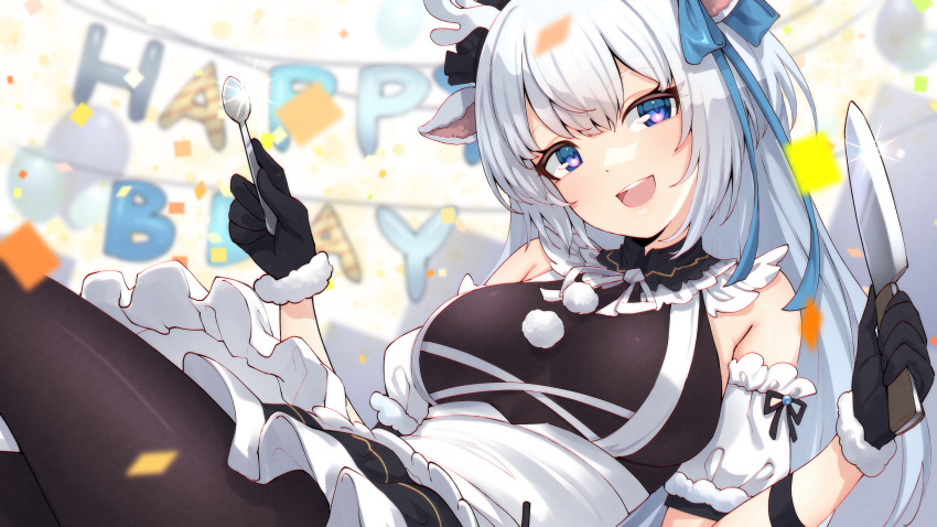 1girl absurdres animal_ears antlers bare_shoulders black_gloves black_pantyhose blue_eyes blurry breasts confetti deer_ears deer_girl depth_of_field detached_sleeves ear_ribbon gloves grey_hair hakushika_iori happy_birthday highres knife medium_breasts open_mouth pantyhose phase_connect ribbon smile solo spoon valefal_coneri virtual_youtuber