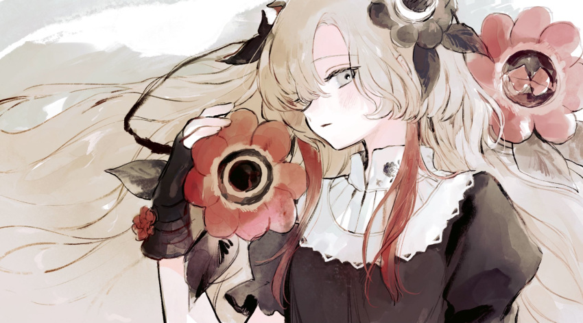 1girl asymmetrical_sleeves black_dress black_gloves collar collared_dress commentary_request creature dress expressionless familiar fingerless_gloves floating_hair flower gloves grey_eyes grey_hair hair_flower hair_ornament hair_over_one_eye highres isekai_joucho kamitsubaki_studio long_hair looking_at_viewer multicolored_hair red_hair two-tone_hair upper_body virtual_youtuber white_collar yorunogumo
