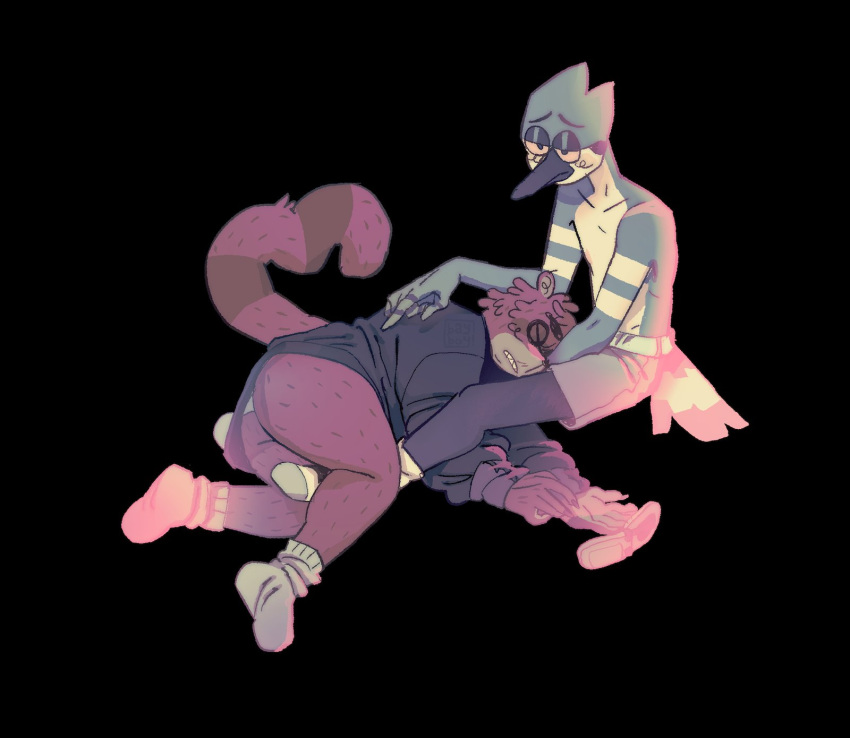 anthro avian bayboyzone bird bottomless bottomwear cartoon_network clothed clothing duo eyes_closed footwear heart_tail hi_res male male/male mammal mordecai_(regular_show) on_lap procyonid raccoon regular_show rigby_(regular_show) socks topless