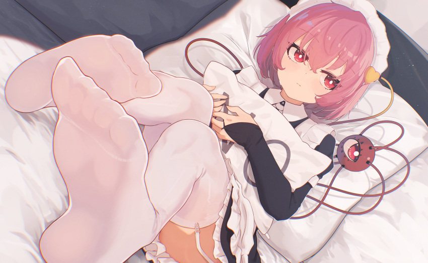 1girl absurdres alternate_costume bed bridal_gauntlets bright_pupils enmaided feet feet_up foot_focus foreshortening frills garter_straps hair_ornament hairband heart heart_hair_ornament highres komeiji_satori legs_up long_sleeves lying maid object_hug on_back on_bed perspective pillow pillow_hug pink_eyes pink_hair senzaicha_kasukadoki short_hair soles solo third_eye toes touhou white_pupils yes-no_pillow