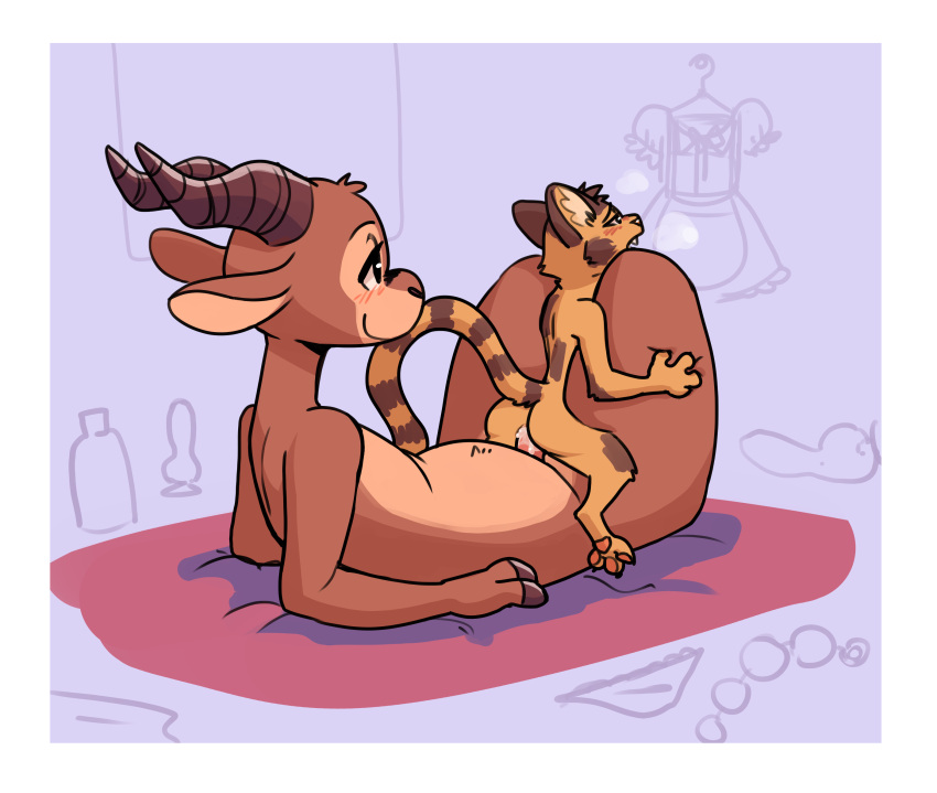 2022 2_horns anal anal_beads anal_penetration antelope anthro anthro_on_anthro anthro_penetrated anthro_penetrating anthro_penetrating_anthro banded_linsang between_thighs biped blush blush_lines bodily_fluids border bovid brown_body brown_ears brown_fur butt cheek_tuft chico_(fuel) clothes_hanger clothing cum cum_in_ass cum_inside dildo discarded_clothing duo elbow_tuft erection facial_markings facial_tuft fangs fuel_(artist) fur gazelle genital_fluids genitals half-closed_eyes head_markings head_tuft hi_res horn inner_ear_fluff inside interspecies knee_tuft knotted_dildo leg_tuft linsang long_tail looking_pleasured lube maid_uniform male male/male male_penetrated male_penetrating male_penetrating_male mammal markings narrowed_eyes panties pawpads penetration penile penile_penetration penis penis_in_ass reclining sex sex_toy size_difference smile spots spotted_body spotted_fur striped_markings striped_tail stripes tail_markings tan_body tan_fur tuft ty_(appleseed) underwear uniform unusual_position viverrid white_border