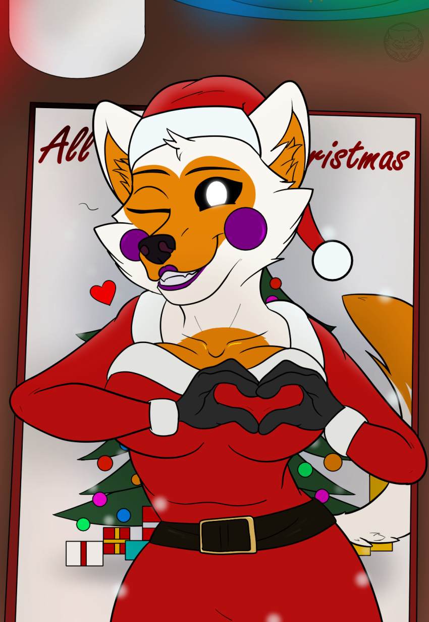 &lt;3 2022 animatronic black_eyes canid canine christmas christmas_card christmas_clothing christmas_gift christmas_headwear christmas_lights christmas_outfit christmas_present christmas_tree clothing colored commissioned costume crumbs digital_media_(artwork) female firetails five_nights_at_freddy's five_nights_at_freddy's_world fox fur gloves grey_clothing grey_gloves grey_handwear handwear hat headgear headwear hi_res holidays lipstick lipstick_on_face lolbit_(fnaf) looking_at_viewer machine makeup mammal milk one_eye_closed orange_body orange_fur plant plate purple_cheeks purple_lipstick robot santa_costume santa_hat scottgames shaded sister_location smile snow solo solo_focus tree video_games white_body white_eyes white_fur wink winking_at_viewer