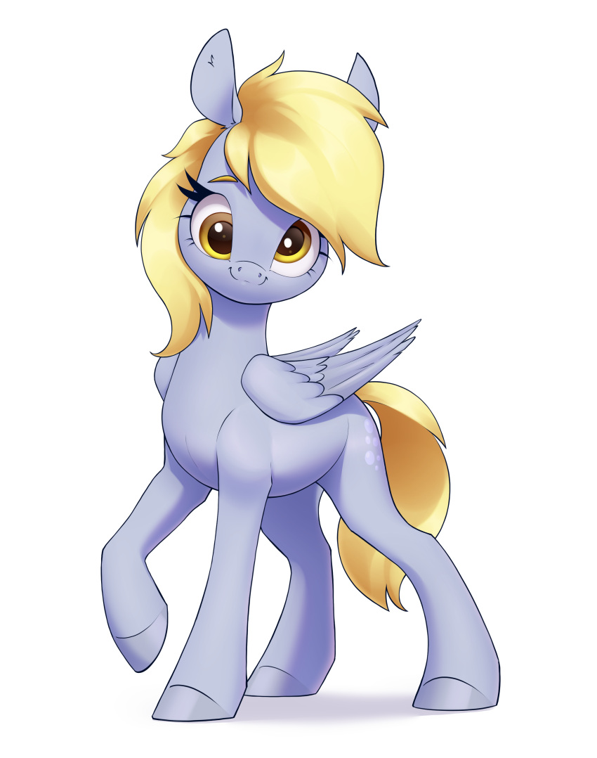absurd_res aquaticvibes blonde_hair cutie_mark derp_eyes derpy_hooves_(mlp) digital_media_(artwork) equid equine eyebrows eyelashes feathered_wings feathers female feral folded_wings friendship_is_magic grey_body grey_hooves hair hasbro hi_res hooves looking_at_viewer mammal my_little_pony pegasus raised_tail simple_background smile white_background wings yellow_tail