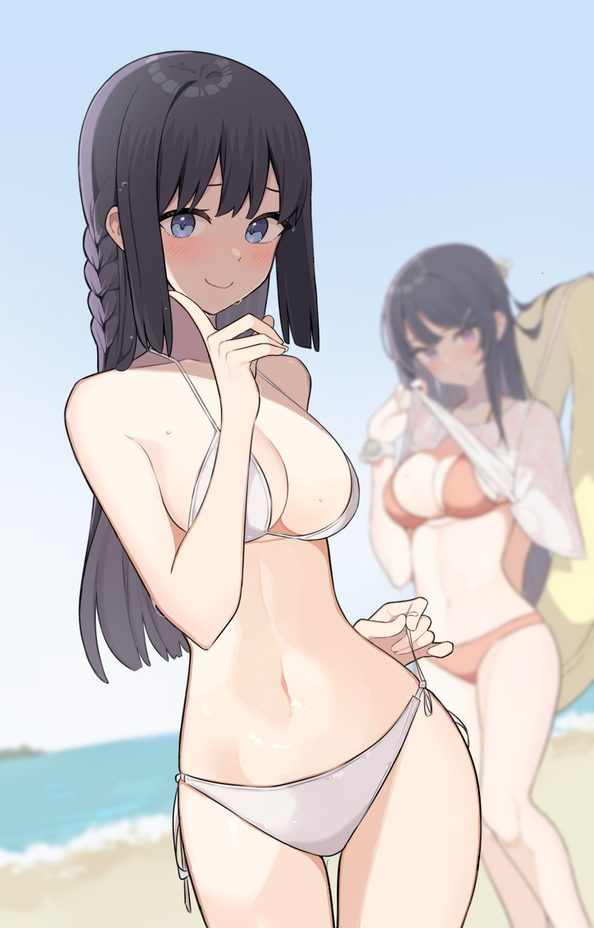 2girls absurdres asakura_nuruma bangs beach bikini bikini_tug black_hair blue_eyes blue_sky blurry blurry_background blush braid breasts cleavage closed_mouth clothes_lift commentary_request cowboy_shot depth_of_field expressionless feet_out_of_frame finger_to_own_chin hair_between_eyes hair_ornament halterneck highres innertube long_hair looking_at_viewer makinohara_shouko medium_breasts midriff multiple_girls navel ocean outdoors rabbit_hair_ornament red_bikini sakurajima_mai sand see-through see-through_shirt seishun_buta_yarou shirt shirt_lift shirt_removed single_braid sky smile standing stomach string_bikini string_pull swimsuit thighs watch water wet wet_face wet_hair white_bikini white_shirt wide_hips wristwatch yellow_innertube