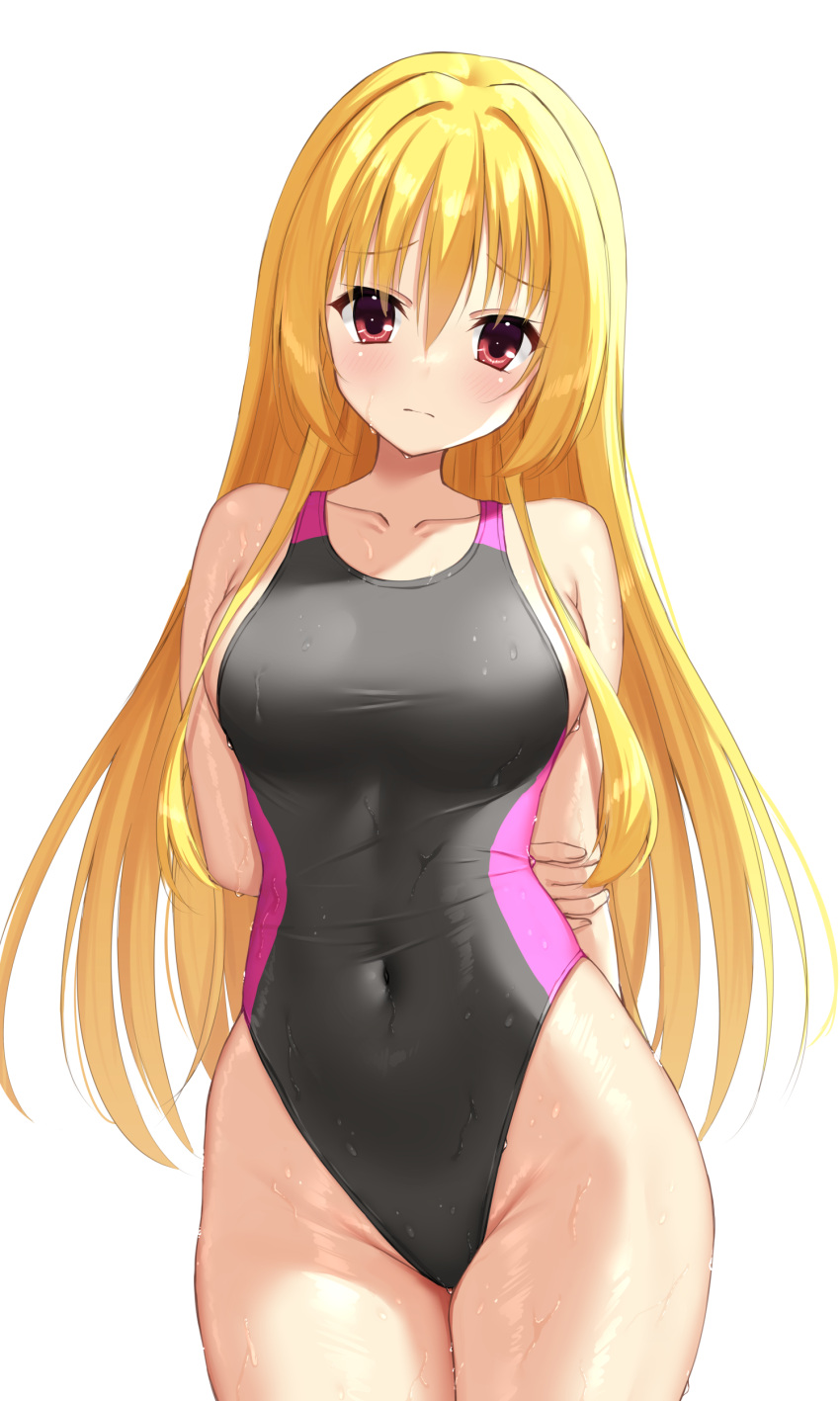 1girl absurdres arms_behind_back blonde_hair breasts cleavage commentary_request competition_swimsuit covered_navel cowboy_shot dracu-riot! groin highres long_hair medium_breasts ncontrail_(mgax7527) nicola_cepheus one-piece_swimsuit red_eyes solo swimsuit