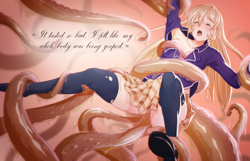 1girl :o anal ass bangs black_footwear black_jacket black_thighhighs blonde_hair blush breasts brown_skirt commentary english_text foot_out_of_frame gintsu gradient gradient_background highres jacket large_breasts long_hair nakiri_erina open_mouth pleated_skirt rape restrained shoes shokugeki_no_souma skirt tearing_up teeth tentacle_sex tentacles thighhighs torn_clothes torn_thighhighs upper_teeth_only vaginal