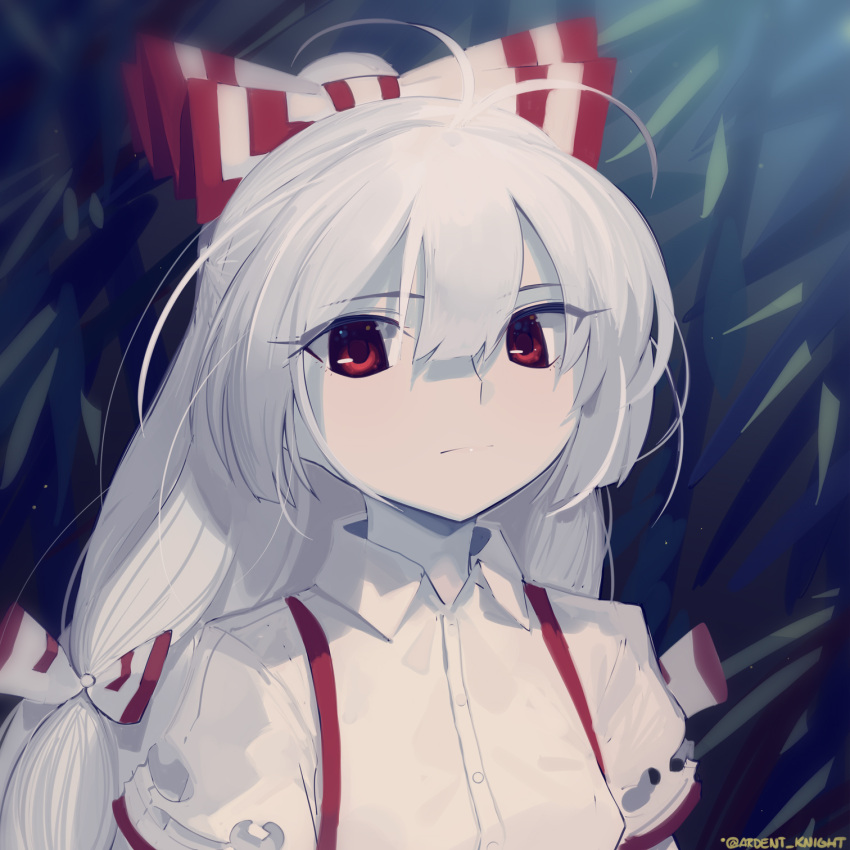 1girl :/ antenna_hair bamboo bangs blunt_ends boa_(brianoa) bow closed_mouth collared_shirt commentary english_commentary expressionless fujiwara_no_mokou grey_hair hair_between_eyes hair_bow half_updo highres hime_cut light_blush long_hair looking_at_viewer night ponytail red_bow red_eyes shirt sidelocks solo suspenders touhou twitter_username two-tone_bow upper_body white_bow white_shirt wing_collar