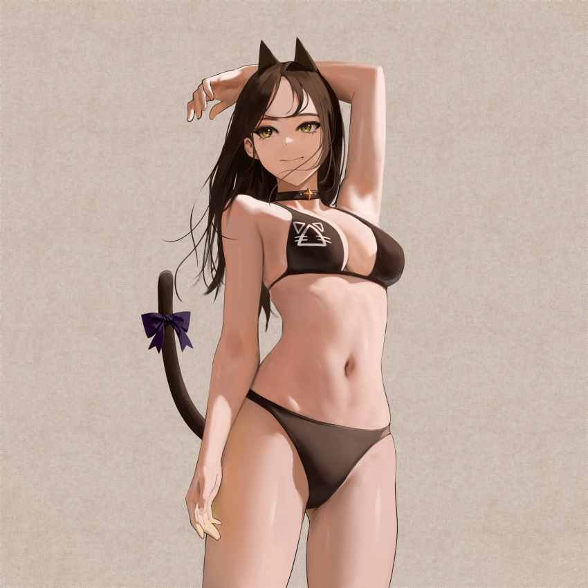 1girl absurdres animal_ears arm_behind_head arm_up bikini black_bikini black_choker black_hair black_tail bow breasts cat_ears cat_girl cat_tail choker closed_mouth commentary cowboy_shot english_commentary fieryonion grey_background highres looking_to_the_side medium_breasts navel original purple_bow solo swimsuit tail tail_bow tail_ornament yellow_eyes