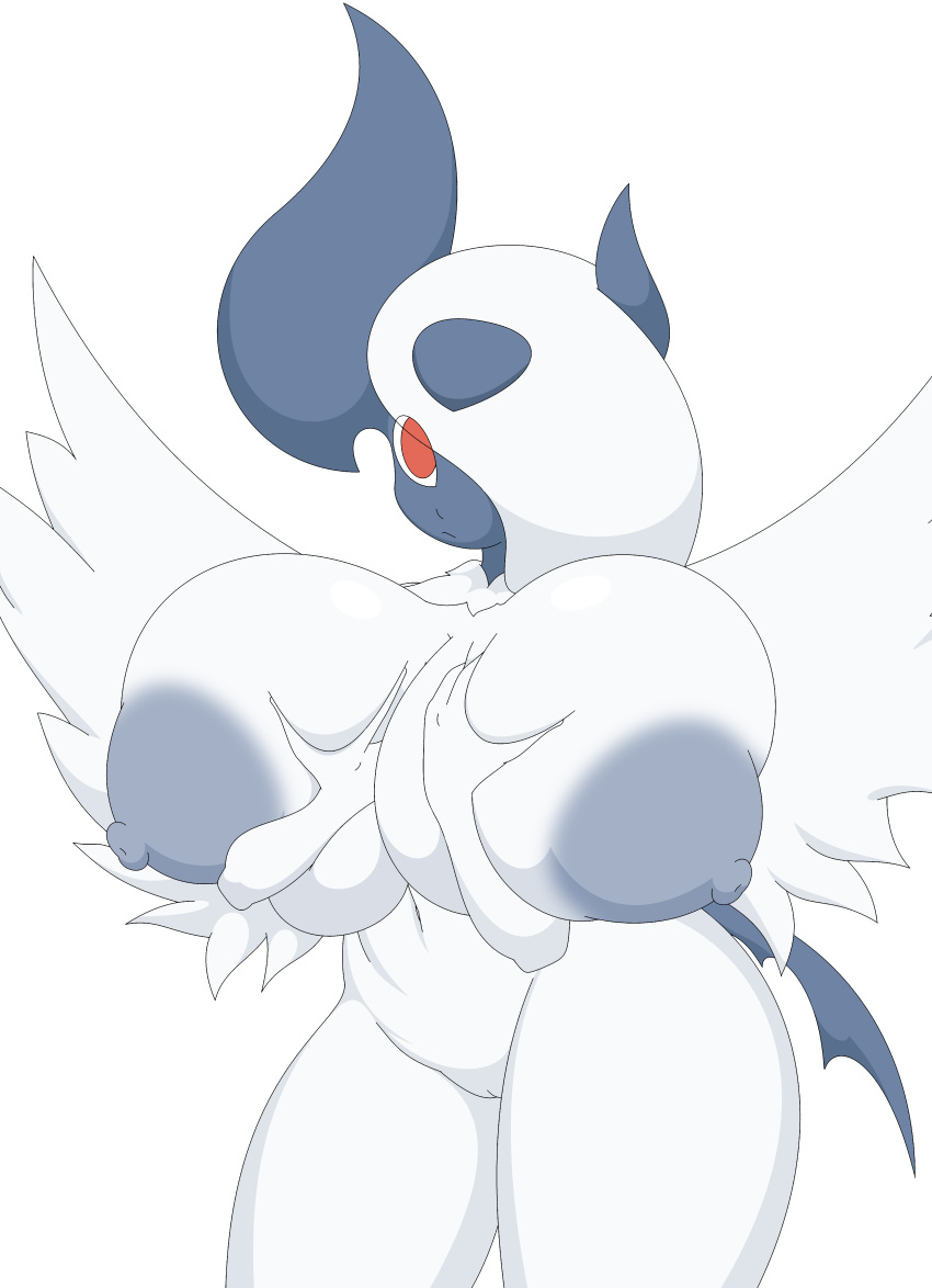 absurd_res anthro areola big_breasts blue_areola breasts female fur genitals hi_res holding_breast horn huge_breasts mega_absol mega_evolution nintendo nipples pokemon pokemon_(species) pussy red_eyes shmeepo solo video_games white_body white_fur wings