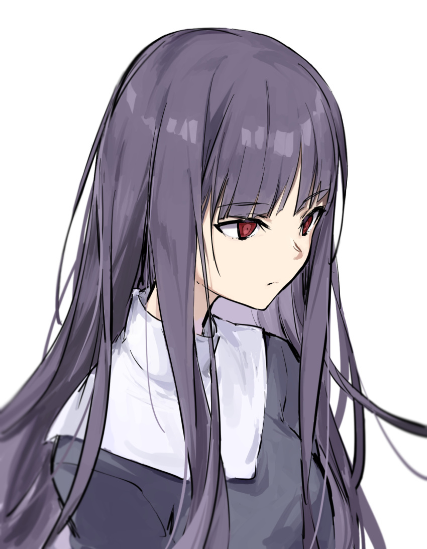 1girl asagami_fujino bangs blue_dress commentary_request dress hair_between_eyes highres kara_no_kyoukai light long_dress long_hair long_sleeves neckerchief purple_hair red_eyes reien_girl's_academy_school_uniform school_uniform shigure_(shigure_43) simple_background solo type-moon upper_body white_background white_neckerchief