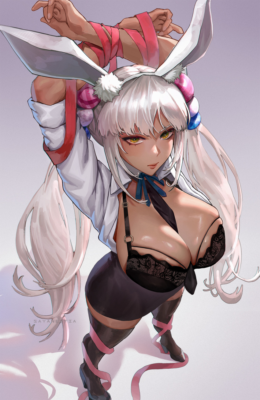 1girl animal_ears armpits arms_up bangs black_leotard boots bow breasts cleavage dark-skinned_female dark_skin elbow_gloves fake_animal_ears gloves hair_ornament high_heels highres hololive hololive_english huge_breasts leotard long_hair looking_at_viewer planet_hair_ornament playboy_bunny rabbit_ears ribbon sayanestia solo strapless strapless_leotard thigh_boots tsukumo_sana twintails very_long_hair virtual_youtuber white_hair yellow_eyes