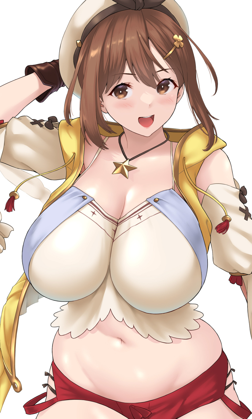 1girl absurdres atelier_(series) atelier_ryza bangs bare_shoulders beret black_ribbon blush breasts brown_eyes brown_gloves brown_hair camisole cleavage collarbone detached_sleeves gloves hair_ornament hairclip hat highres jewelry kemigawa_mondo large_breasts looking_at_viewer navel necklace open_clothes open_mouth open_vest red_shorts reisalin_stout ribbon short_hair short_shorts shorts single_glove smile solo star_(symbol) star_necklace thighs vest white_camisole white_headwear yellow_vest