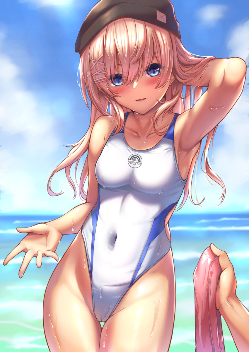 1girl 1other baseball_cap black_headwear blue_eyes blue_sky breasts cloud competition_swimsuit day girls'_frontline hat highleg highleg_swimsuit highres horizon light_brown_hair long_hair medium_breasts ocean one-piece_swimsuit outdoors scar-l_(girls'_frontline) sky swimsuit thigh_gap water white_one-piece_swimsuit xlscaler