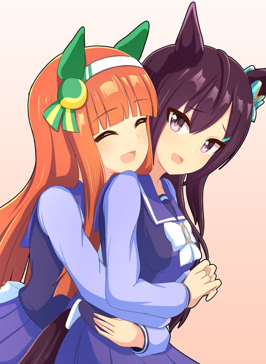 2girls animal_ears brown_hair closed_eyes commentary_request ear_bow ear_covers gradient gradient_background hair_between_eyes highres hime_cut horse_ears horse_girl horse_tail hug hug_from_behind long_hair long_sleeves mejiro_dober_(umamusume) multiple_girls open_mouth orange_hair pleated_skirt purple_eyes purple_serafuku purple_skirt school_uniform serafuku silence_suzuka_(umamusume) skirt smile tail tracen_school_uniform umamusume whitelily_bread yuri