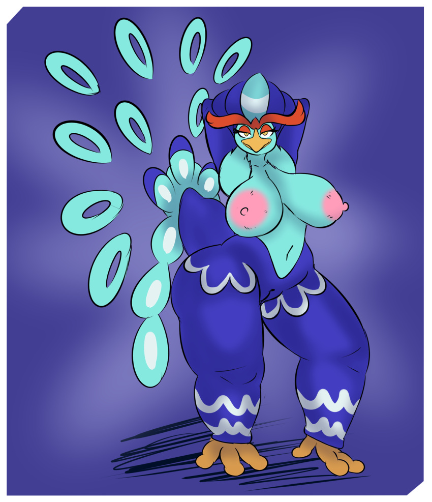 2022 3_toes alpha_channel anatid anseriform anthro areola avian bird blue_background blue_body blue_feathers border breasts duck eyebrows eyelashes feathers feet female generation_9_pokemon genitals hands_behind_head hi_res leg_markings markings navel nintendo nipples plantedpot pokemon pokemon_(species) pussy quaquaval red_body red_feathers simple_background solo tail_feathers thick_eyebrows thick_thighs toes transparent_border video_games yellow_eyes