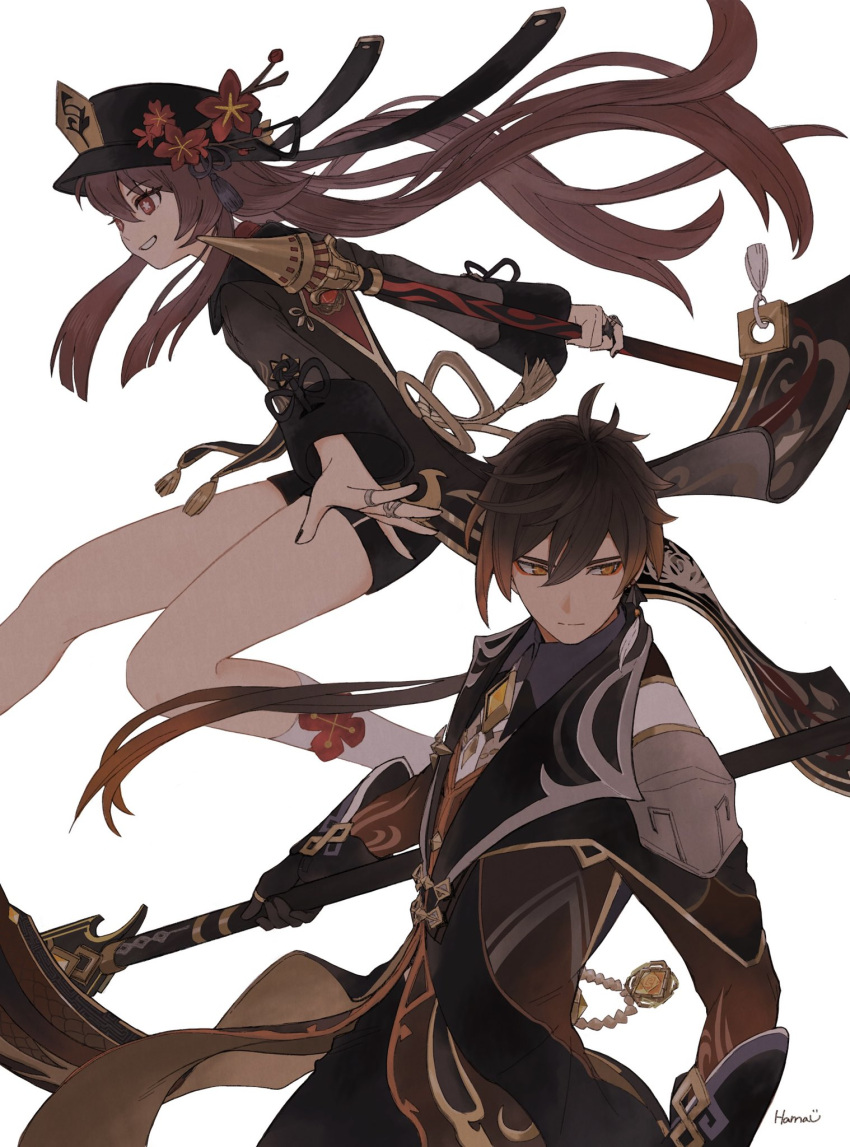 1boy 1girl bangs black_gloves black_hair black_headwear black_nails black_shorts brown_hair chinese_clothes collared_coat earrings eyeliner eyeshadow flower flower-shaped_pupils formal genshin_impact gloves gradient_hair hair_between_eyes hamau hat hat_flower highres holding holding_polearm holding_weapon hu_tao_(genshin_impact) jacket jewelry long_hair long_sleeves makeup multicolored_hair multiple_rings outstretched_arms plum_blossoms polearm ponytail porkpie_hat red_eyes red_eyeshadow ring shorts sidelocks signature single_earring smile socks staff_of_homa_(genshin_impact) star-shaped_pupils star_(symbol) symbol-shaped_pupils tailcoat tassel tassel_earrings teeth twintails vision_(genshin_impact) vortex_vanquisher_(genshin_impact) weapon white_socks yellow_eyes zhongli_(genshin_impact)