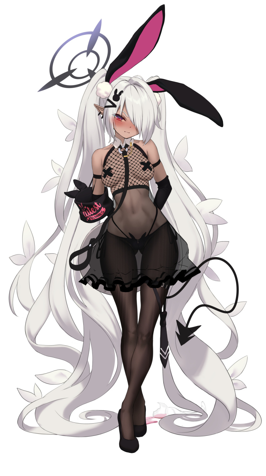 1girl absurdly_long_hair alternate_costume animal_ears b-pang bangs bare_shoulders black_gloves black_pantyhose blue_archive blush breasts closed_mouth elbow_gloves fake_animal_ears fishnet_top fishnets full_body gloves hair_over_one_eye halo highres iori_(blue_archive) long_hair medium_breasts one_eye_covered pantyhose rabbit_ears red_eyes solo standing tail thighs twintails very_long_hair white_background white_hair