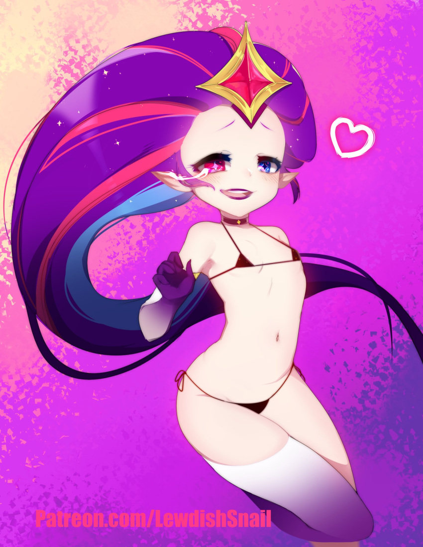 1girl :d bangs bikini black_bikini black_choker blue_eyes choker colored_skin hand_up heart heterochromia highres league_of_legends lewdishsnail long_hair looking_at_viewer micro_bikini multicolored_hair navel pink_background pink_eyes purple_hair purple_skin red_hair smile solo star_guardian_(league_of_legends) star_guardian_zoe swimsuit teeth thighhighs very_long_hair white_thighhighs zoe_(league_of_legends)